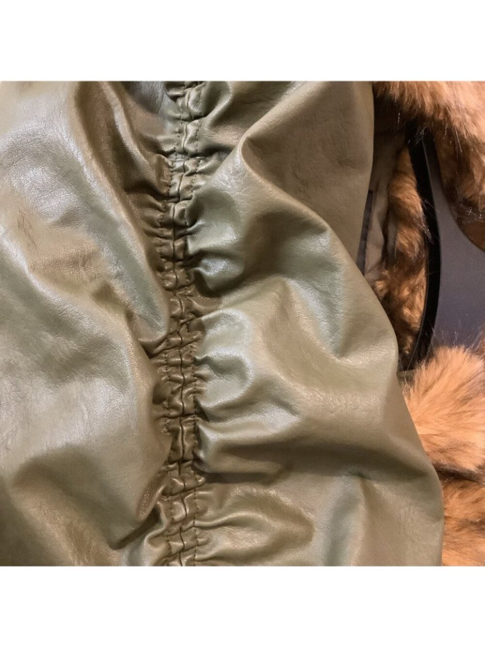 Ashley Graham 4X Olive Green Faux Leather Bomber Jacket W/ Brown Faux-Fur Hood - Picture 6 of 9